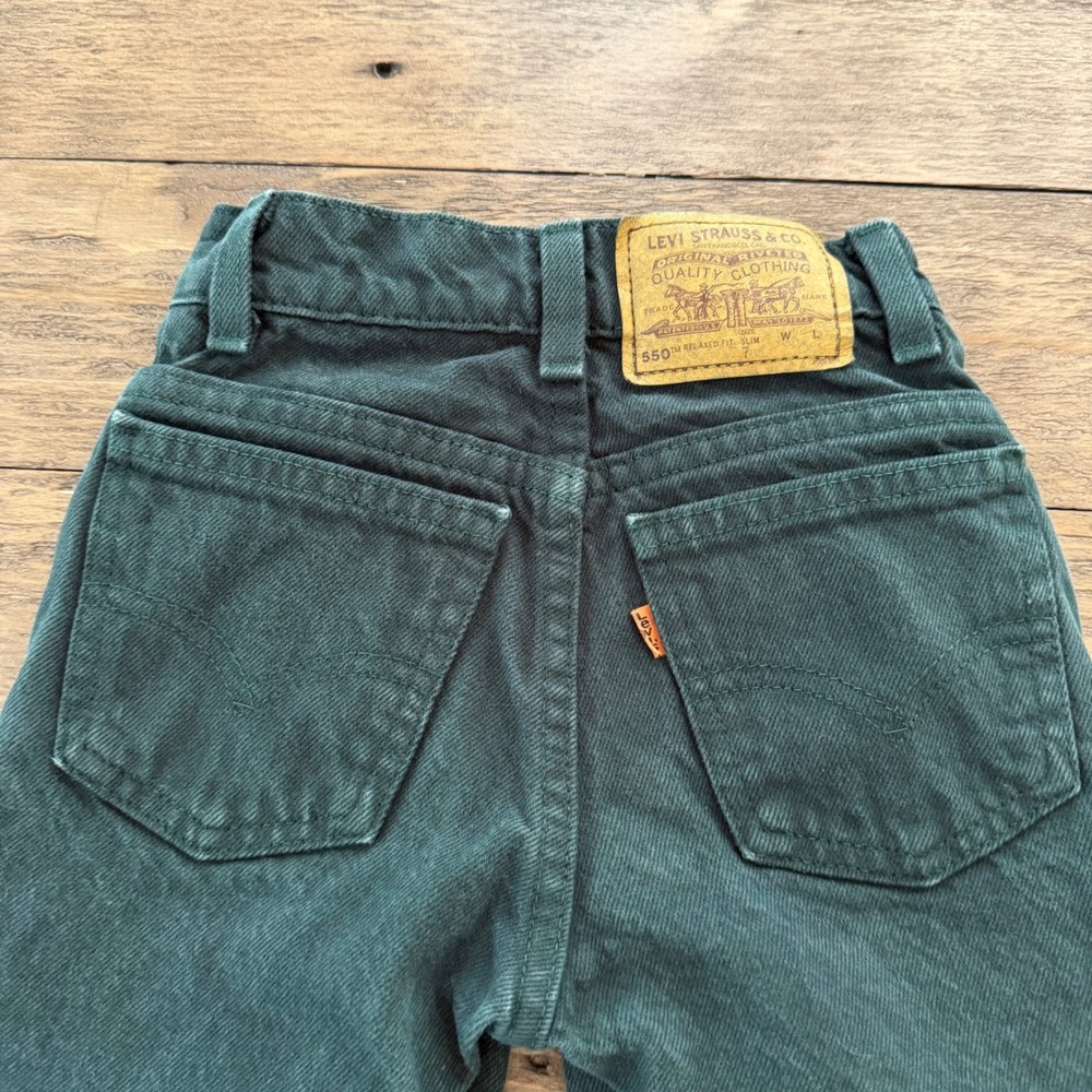 Vintage Little Levi's 550 Orange Tab Kids Jeans Forest Green Relaxed Fit 7 Slim - Picture 4 of 12
